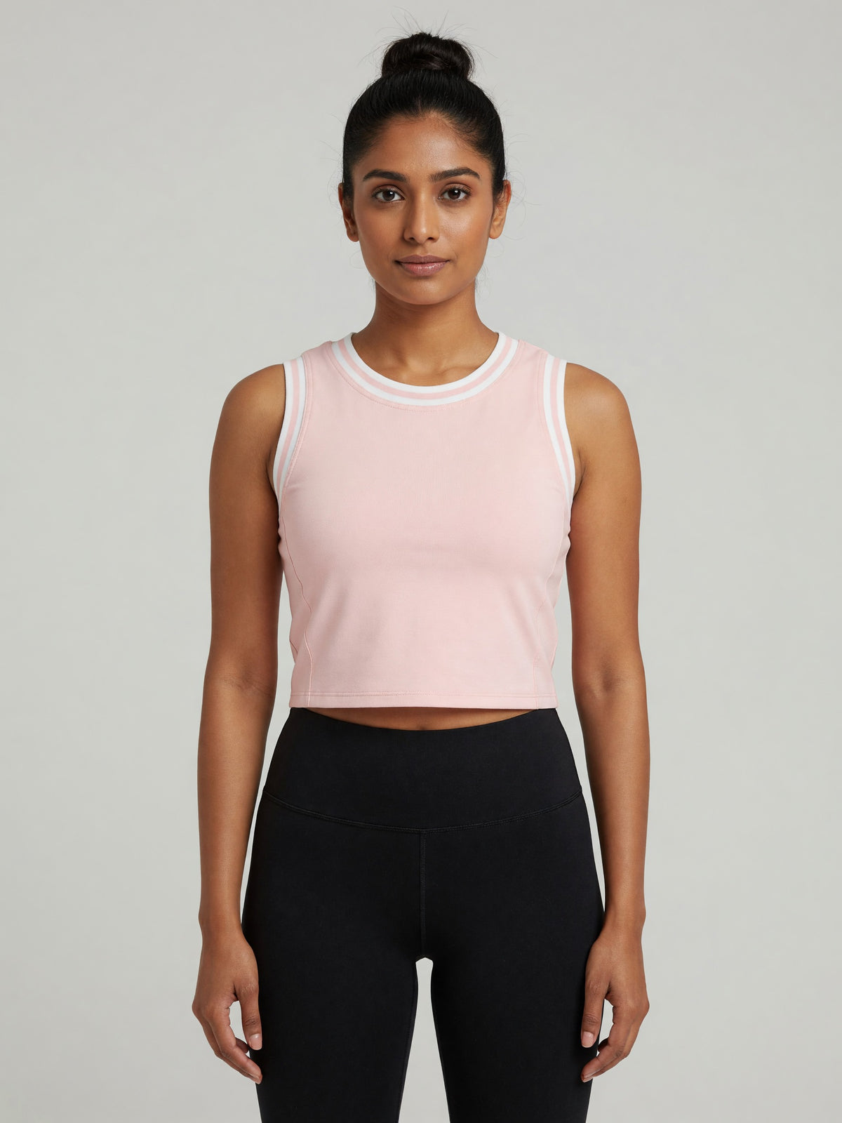 Color Block Crop Tank in Pink with White, worn, front