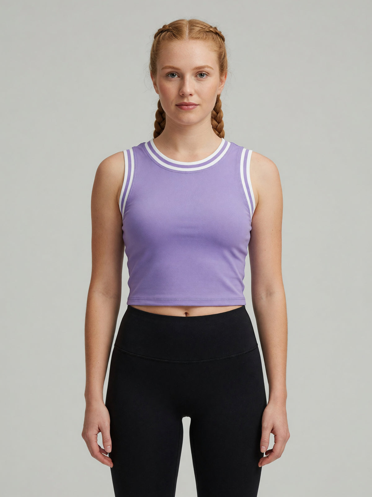 Color Block Crop Tank in Purple with White, worn, front