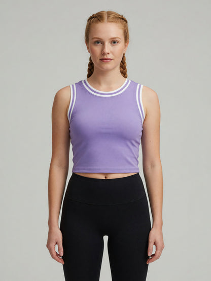 Color Block Crop Tank in Purple with White, worn, front