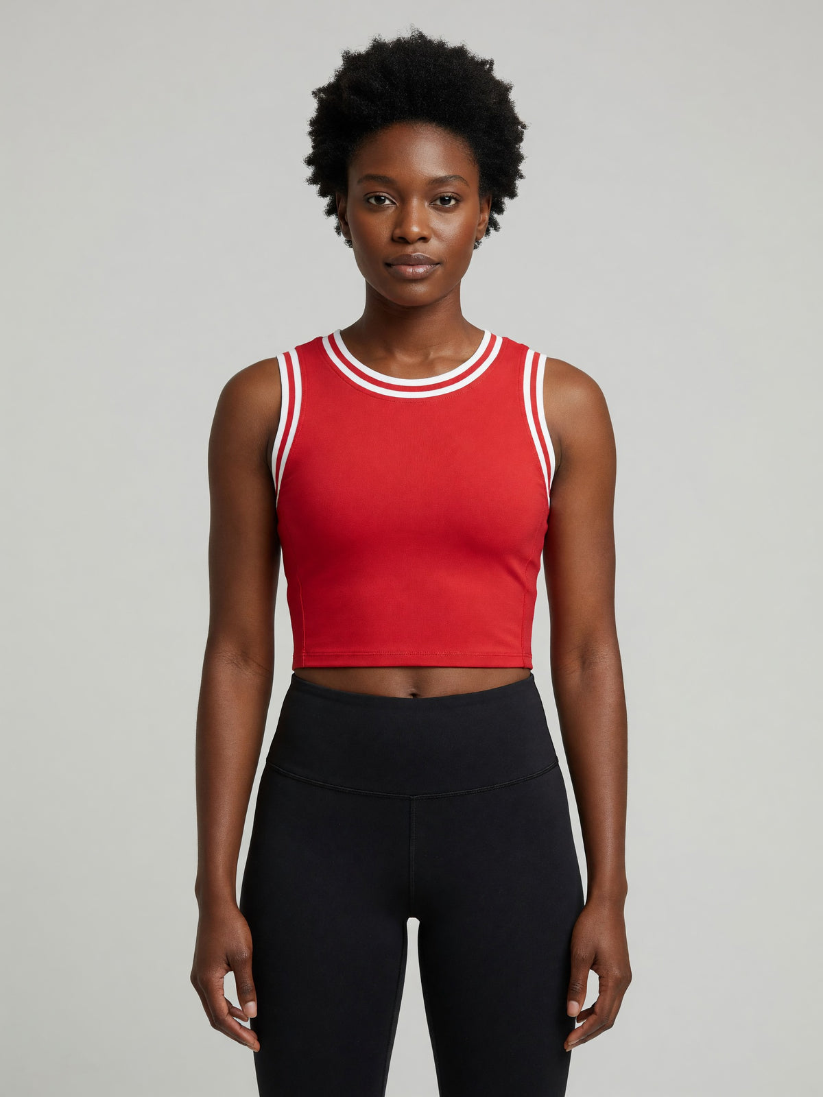 Color Block Crop Tank in Red with White, worn, front