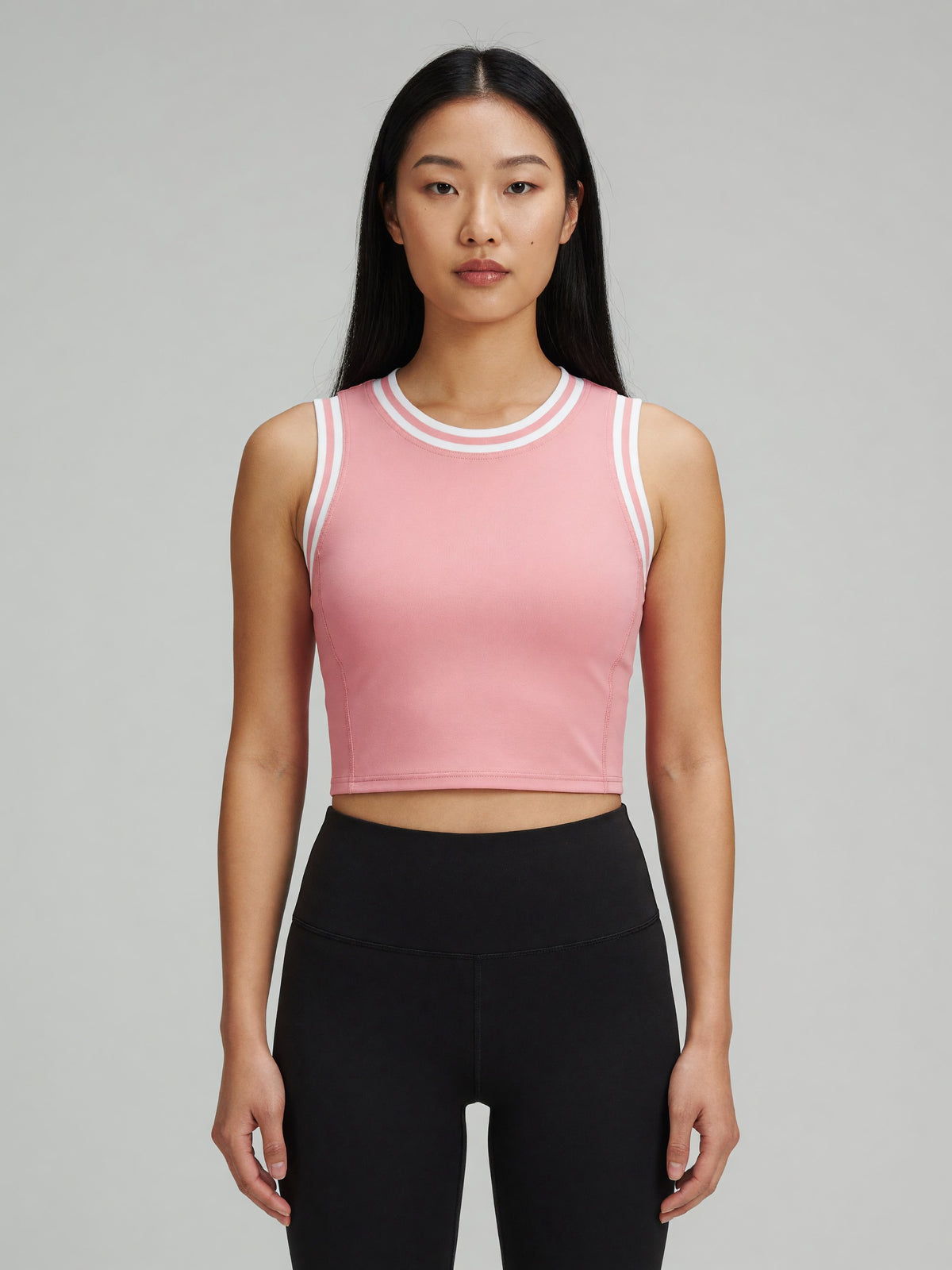 Color Block Crop Tank in Rose Pink with White, worn, front