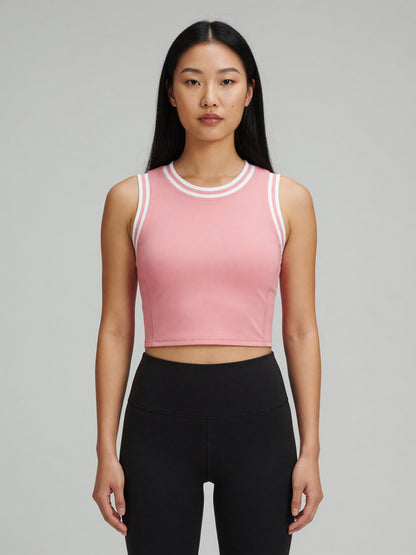 Color Block Crop Tank in Rose Pink with White, worn, front