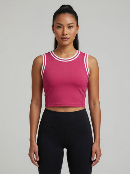 Color Block Crop Tank in Rose Red with White, worn, front