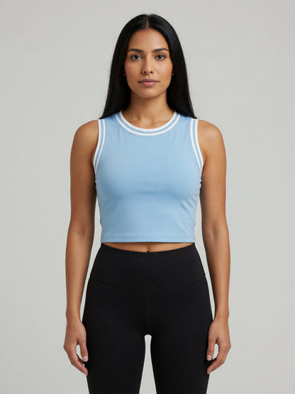 Color Block Crop Tank in Sky Blue with White, worn, front