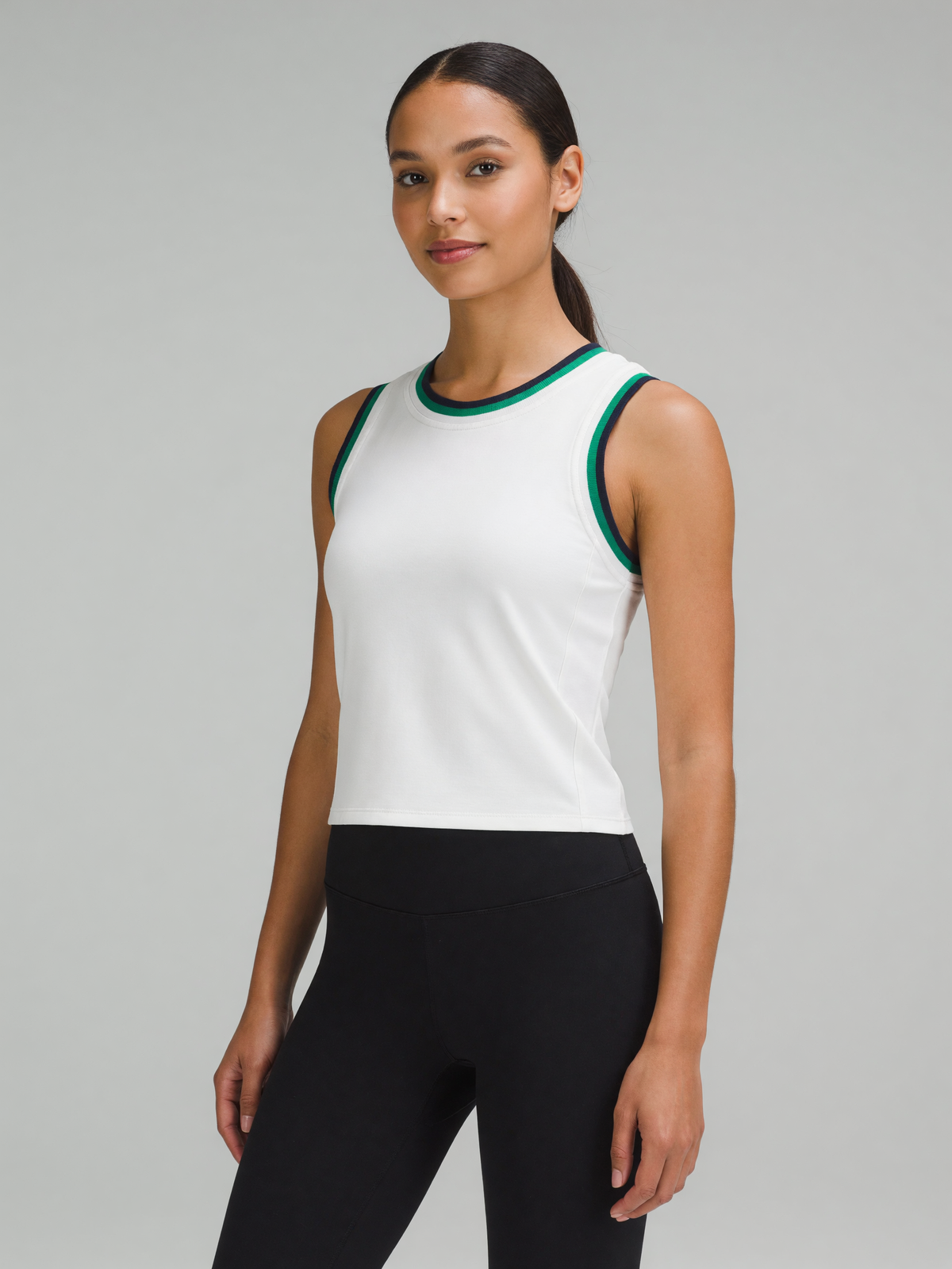 Color Block Crop Tank in White with Green, worn, three-quarter