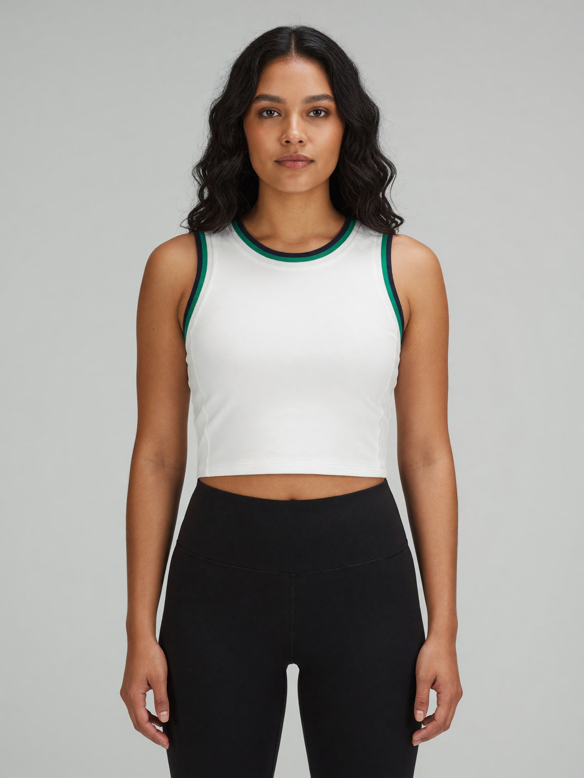 Color Block Crop Tank in White with Green, worn, front