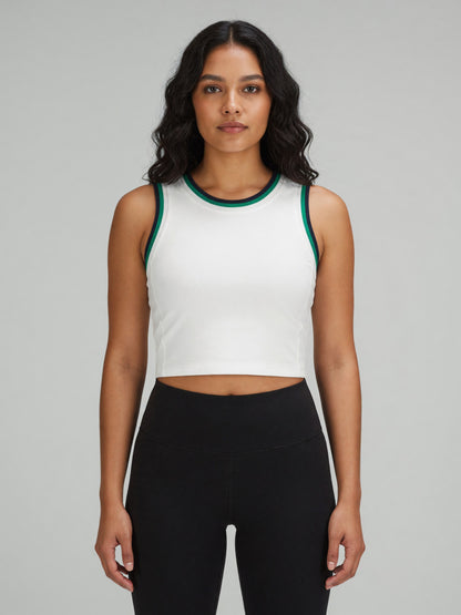 Color Block Crop Tank in White with Green, worn, front
