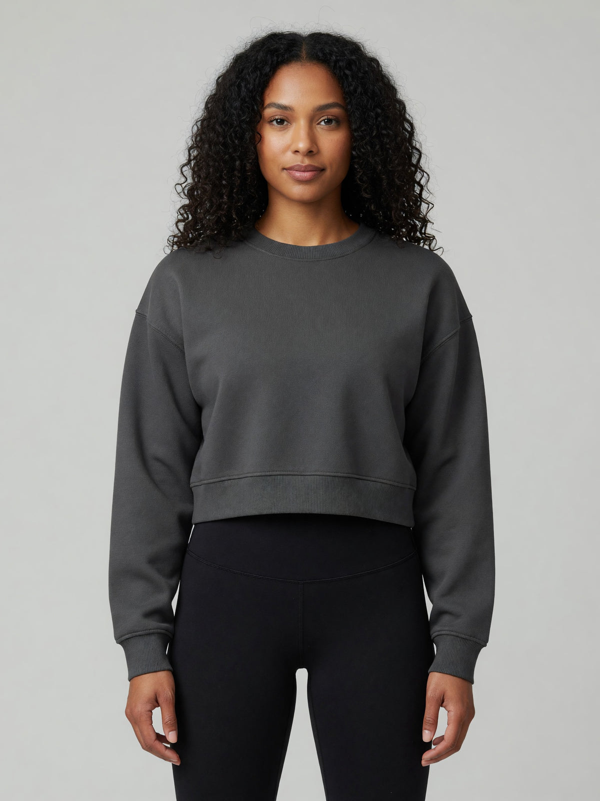 Cropped Crewneck Sweatshirt in Dark Gray, worn, front