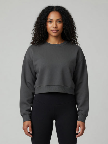 Cropped Crewneck Sweatshirt in Dark Gray, worn, front