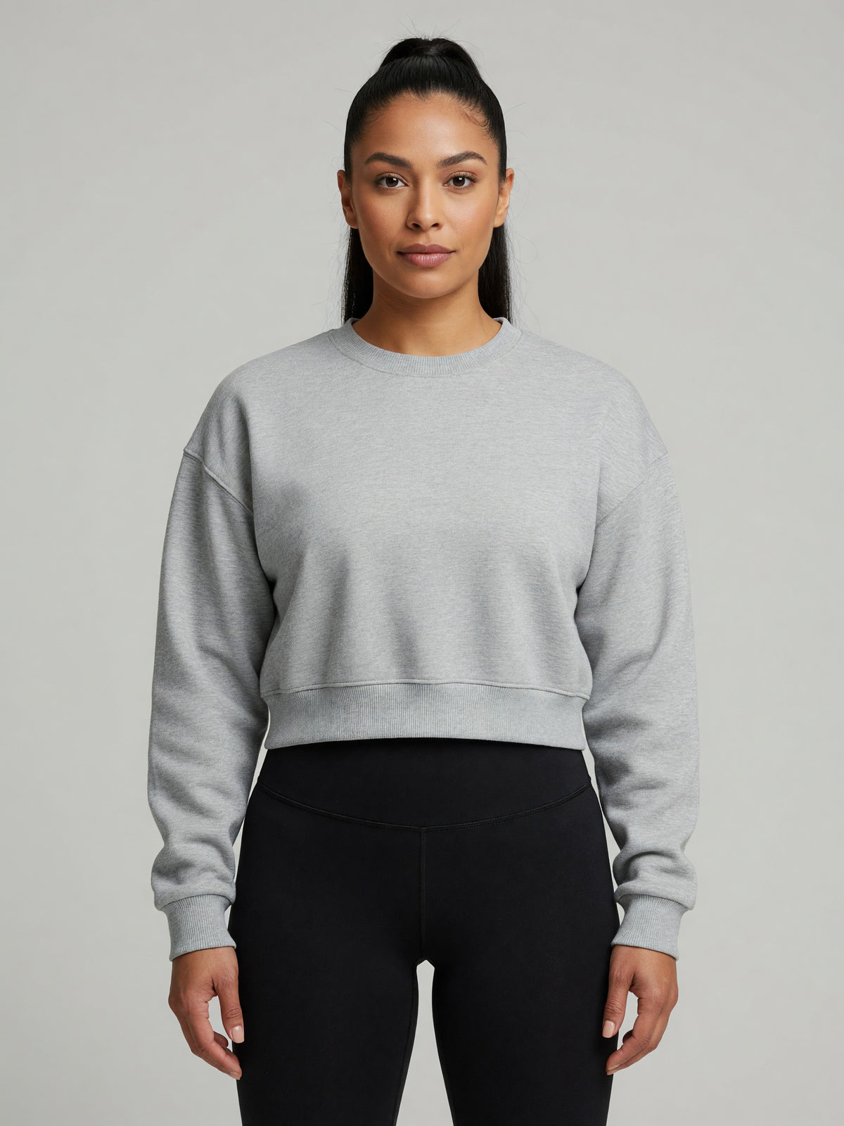 Cropped Crewneck Sweatshirt in Flower Gray, worn, front