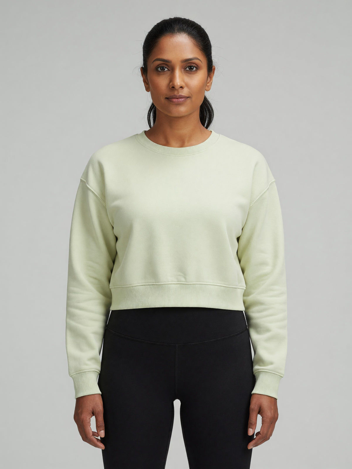 Cropped Crewneck Sweatshirt in Light Green, worn, front