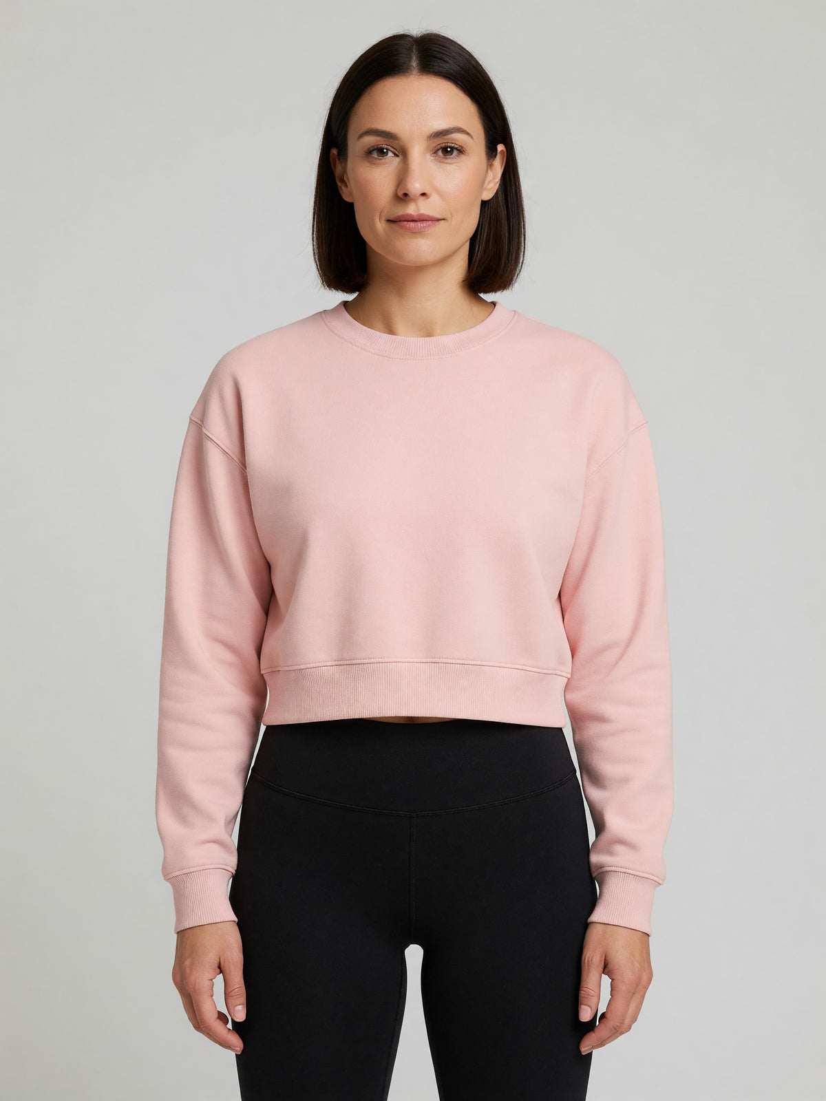 Cropped Crewneck Sweatshirt in Light Pink, worn, front