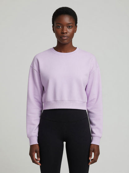 Cropped Crewneck Sweatshirt in Light Purple, worn, front
