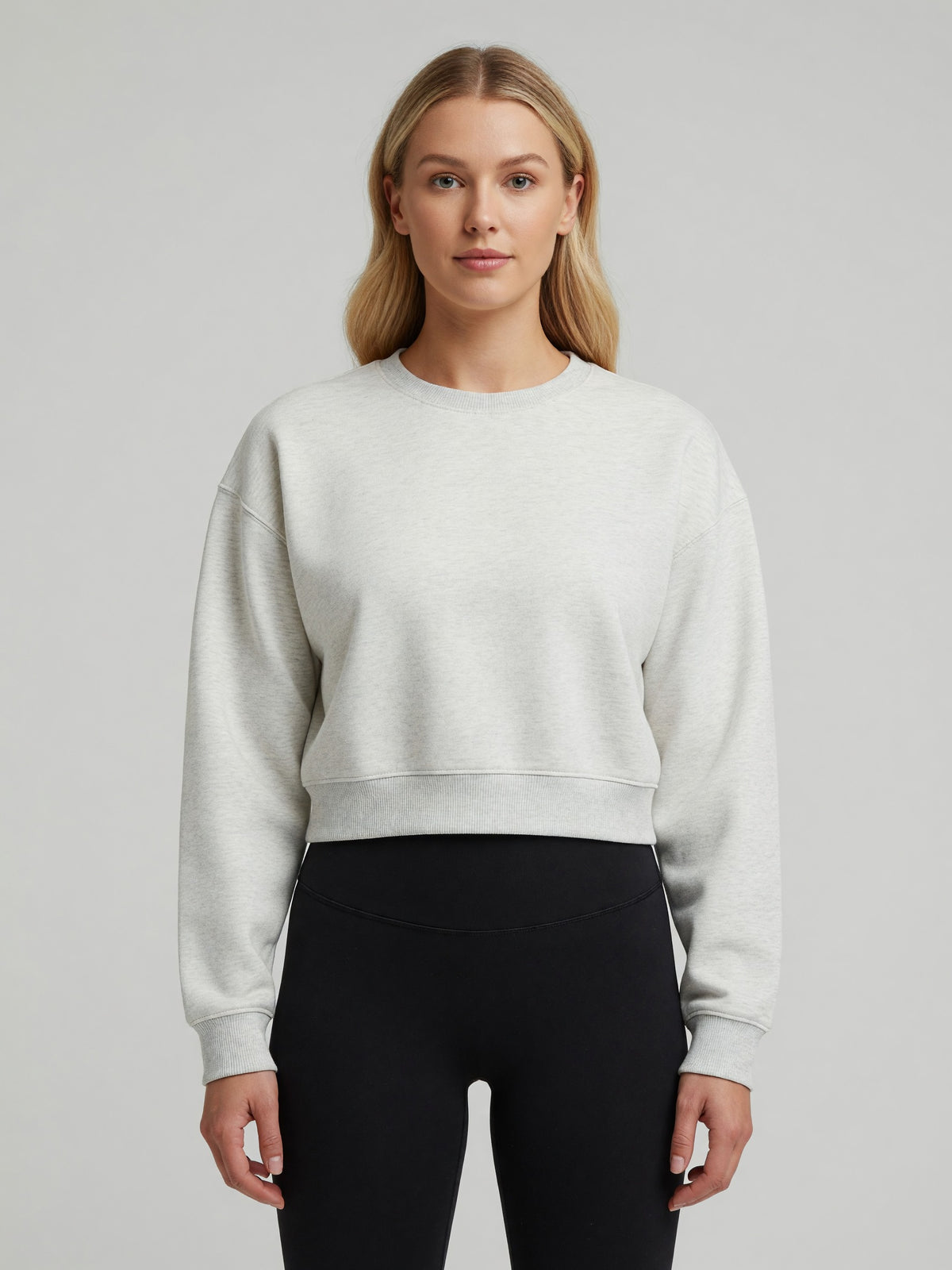Cropped Crewneck Sweatshirt in Oat Gray, worn, front
