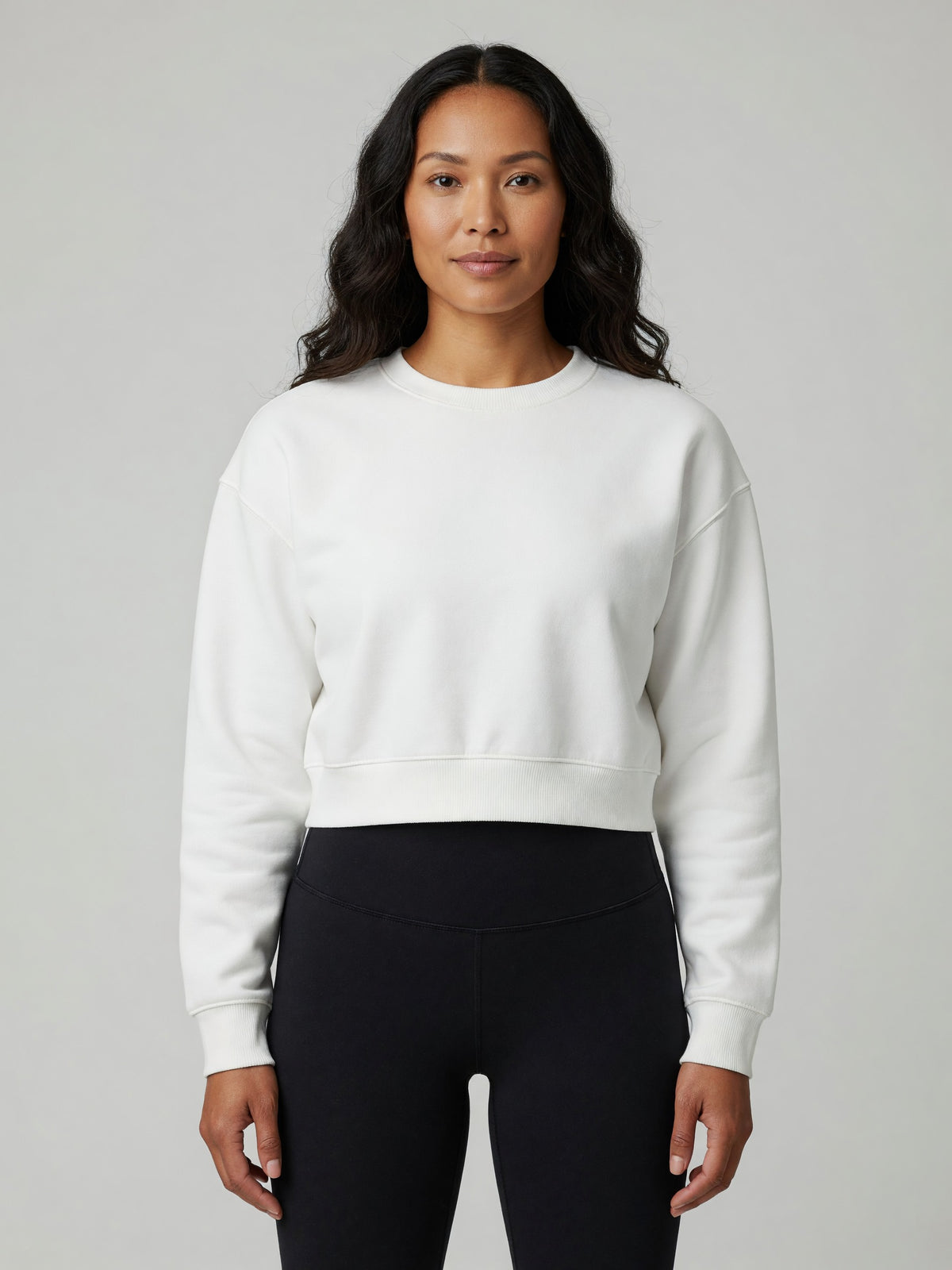 Cropped Crewneck Sweatshirt in White, worn, front