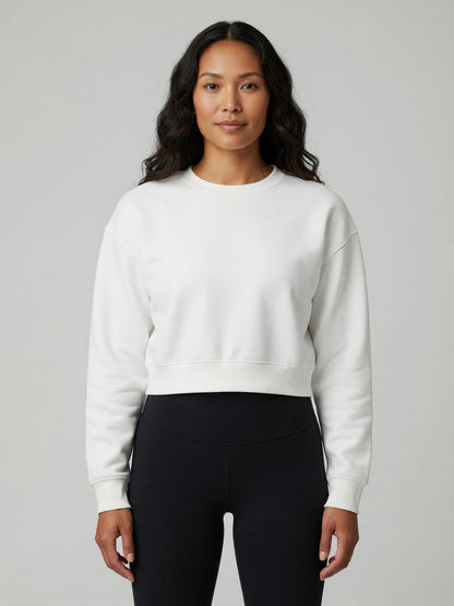 Cropped Crewneck Sweatshirt in White, worn, front