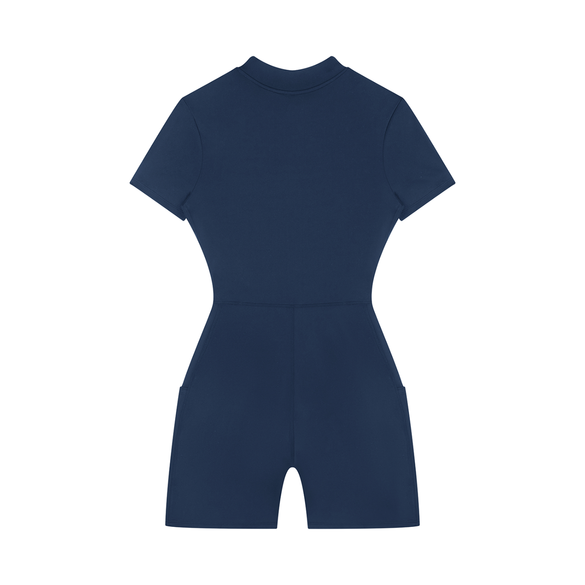 Quarter-Zip Sleeve Romper in Navy Blue, back view