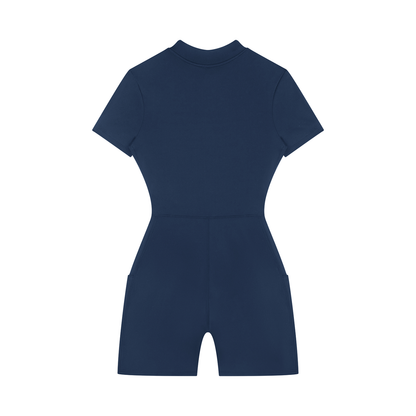 Quarter-Zip Sleeve Romper in Navy Blue, back view