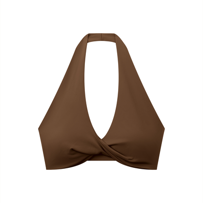 Pleated Halter Sports Bra in Brown, front view