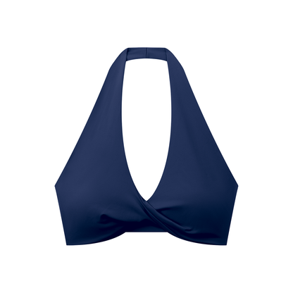 Pleated Halter Sports Bra in Navy Blue, front view
