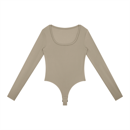 Long-Sleeve Yoga Bodysuit in Khaki, front view