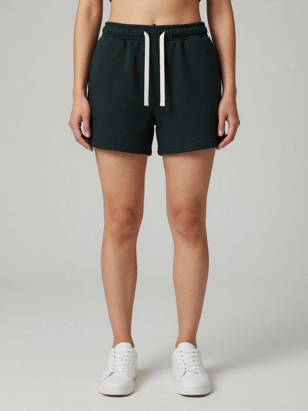 Drawstring Sweatshort in Blackish Green, worn, front