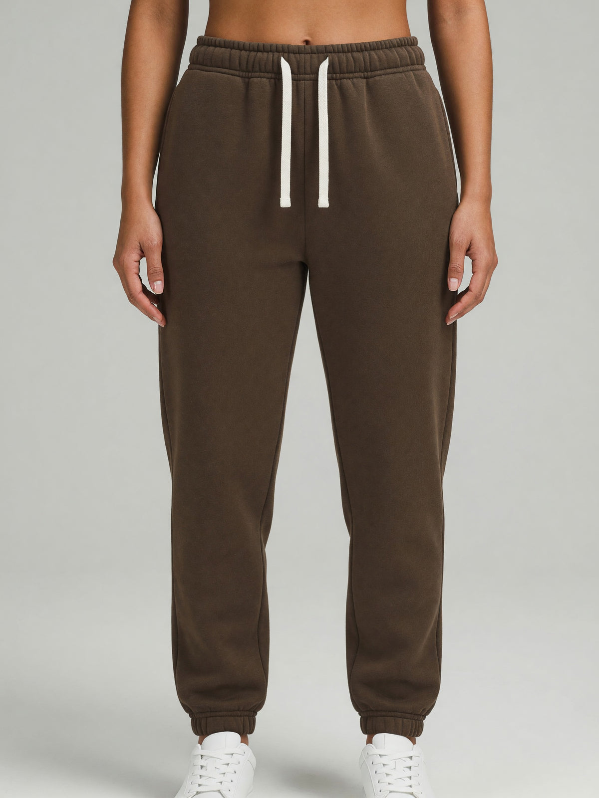 Drawstring Sweatshort in Brown, worn, front