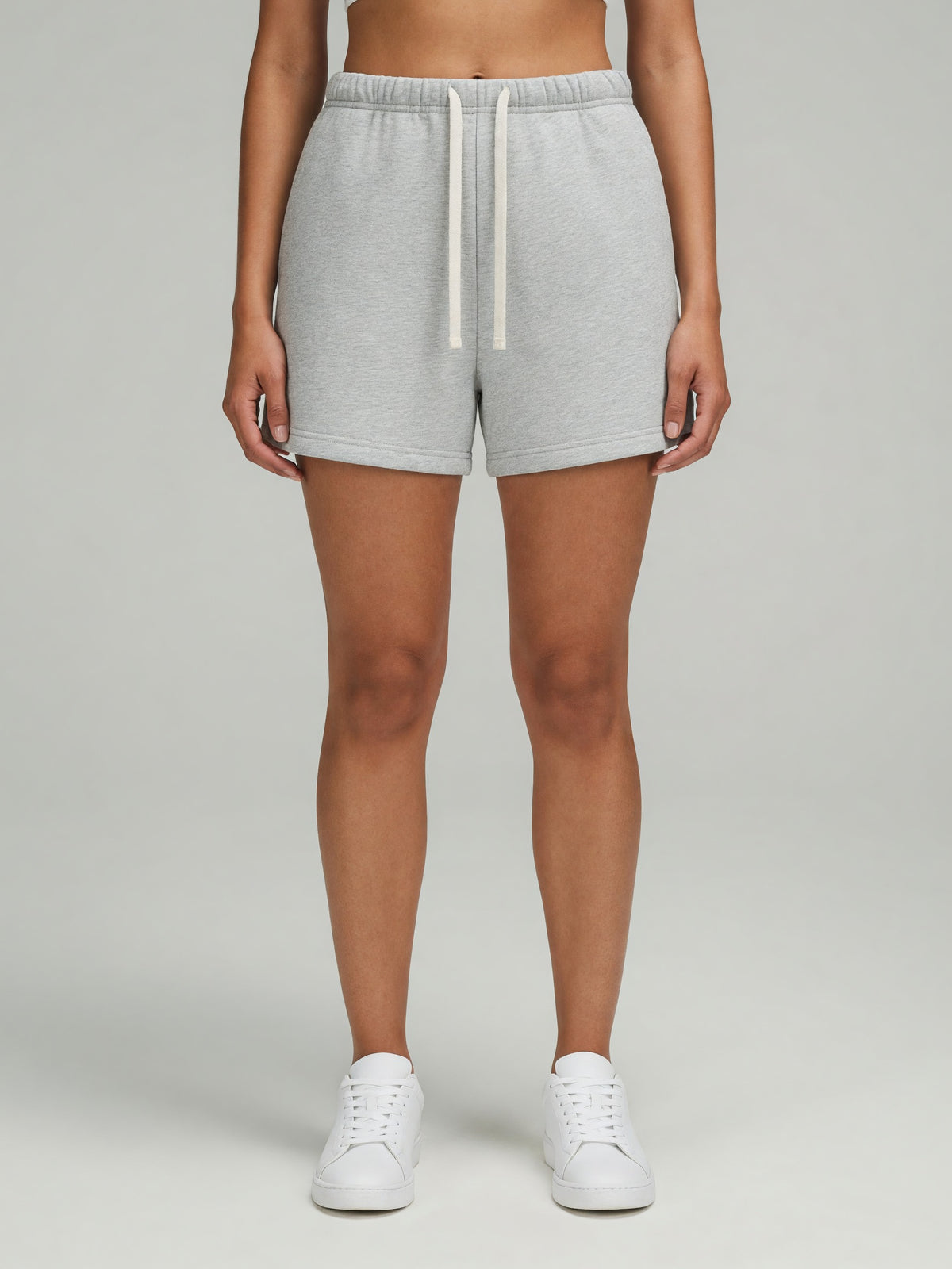 Drawstring Sweatshort in Flower Gray, worn, front