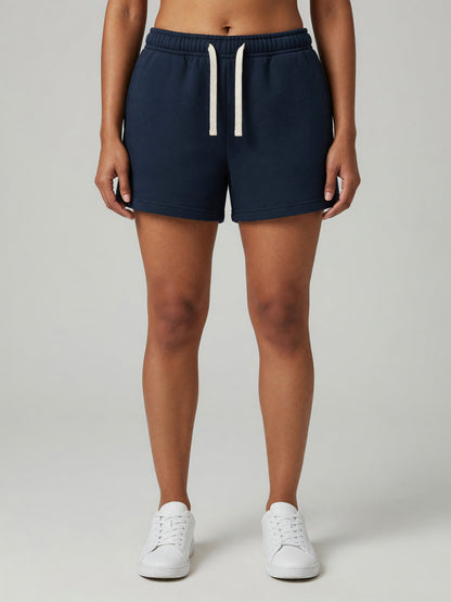 Drawstring Sweatshort in Navy Blue, worn, front