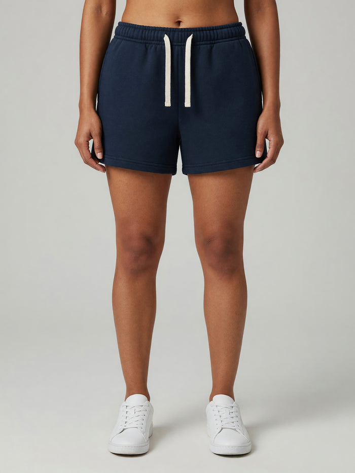 Drawstring Sweatshort in Navy Blue, worn, front