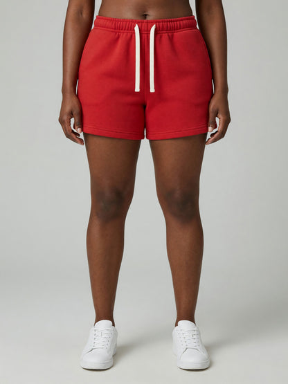 Drawstring Sweatshort in Red, worn, front