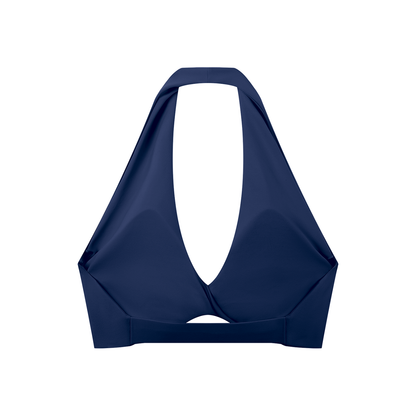 Pleated Halter Sports Bra in Navy Blue, back view