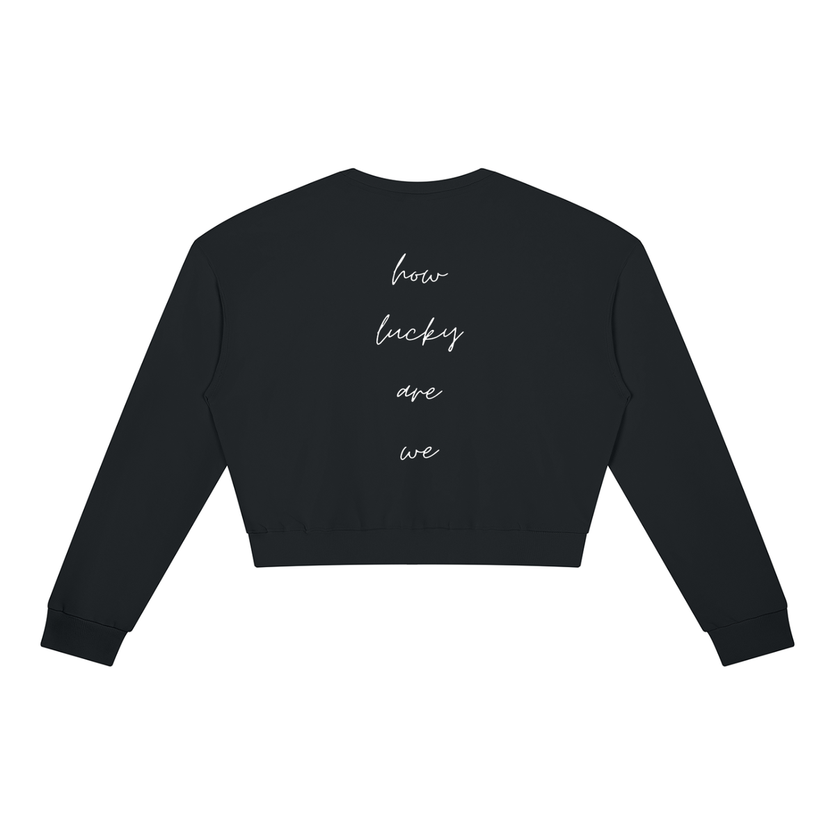 How Lucky Are We Cropped Sweatshirt in Black, back view