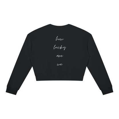 How Lucky Are We Cropped Sweatshirt in Black, back view