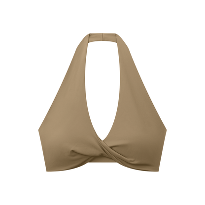 Pleated Halter Sports Bra in Khaki, front view