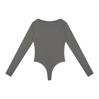 Long-Sleeve Yoga Bodysuit in Gray, back view