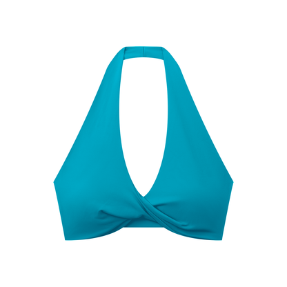 Pleated Halter Sports Bra in Peacock Blue, front view