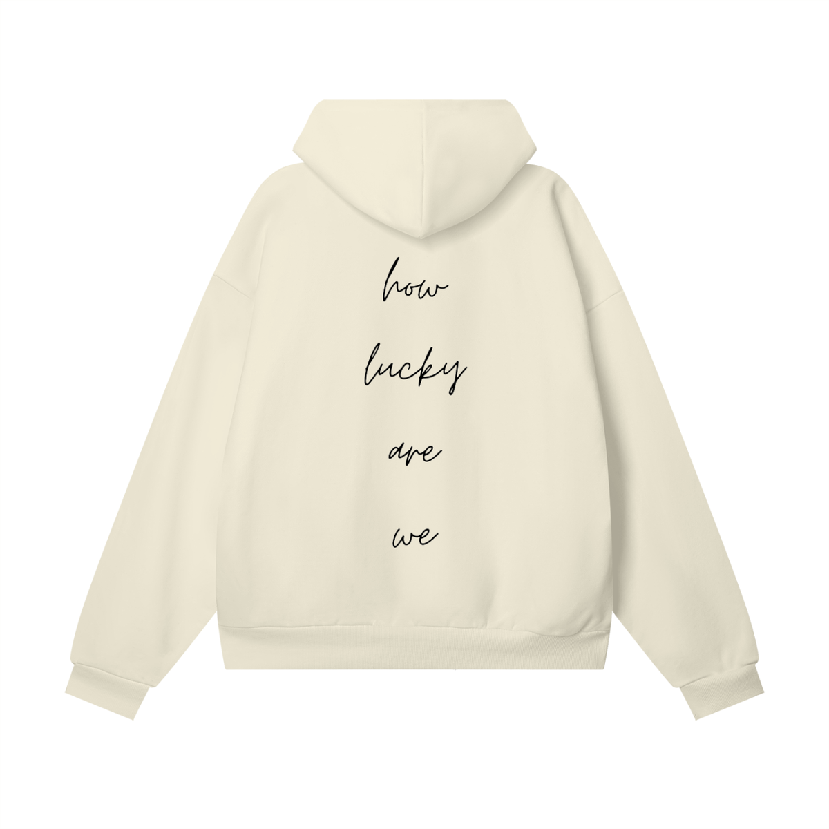How Lucky Are We Hoodie in Bone, back view