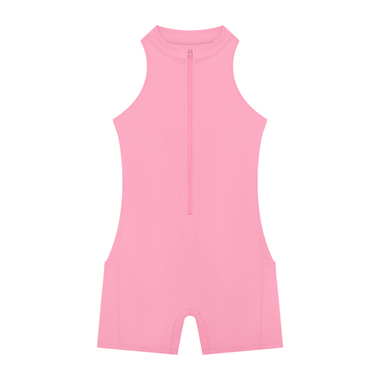 Quarter-Zip Romper in Pink, front view