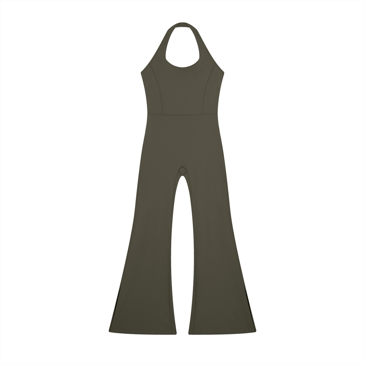 Halter Flare Jumpsuit in Army Green, front view
