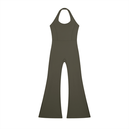 Halter Flare Jumpsuit in Army Green, front view