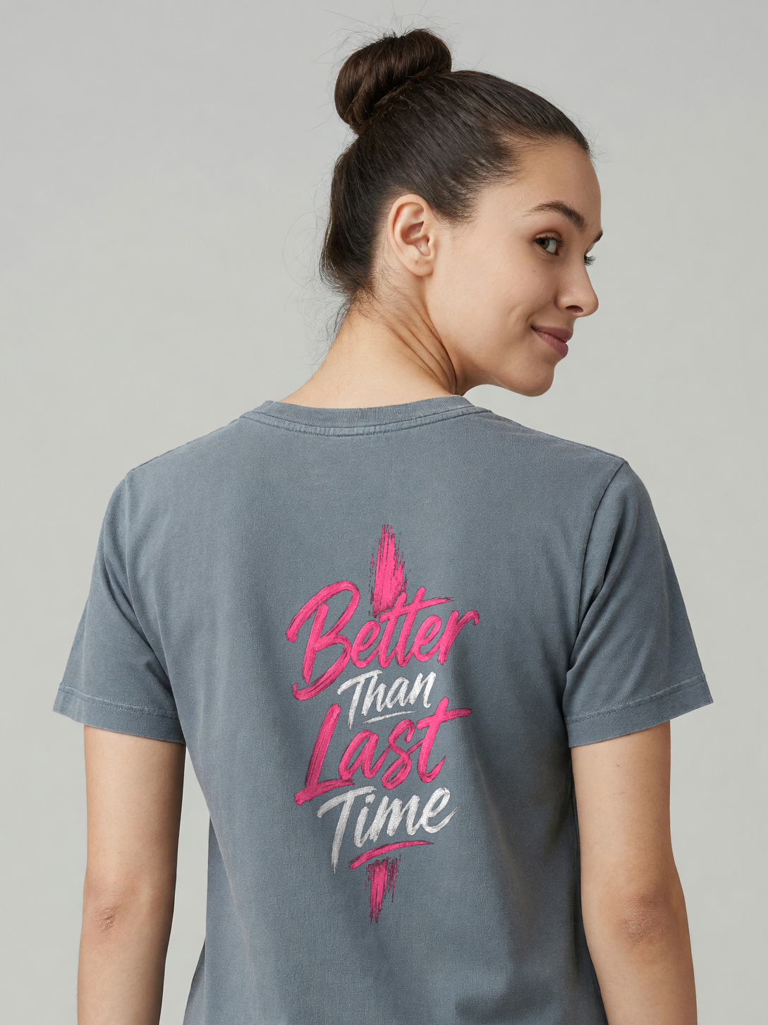 Better Than Last Time Tee in Gray, worn