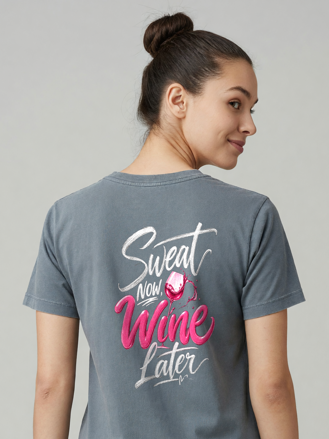 Sweat Now, Wine Later Tee in Gray, worn