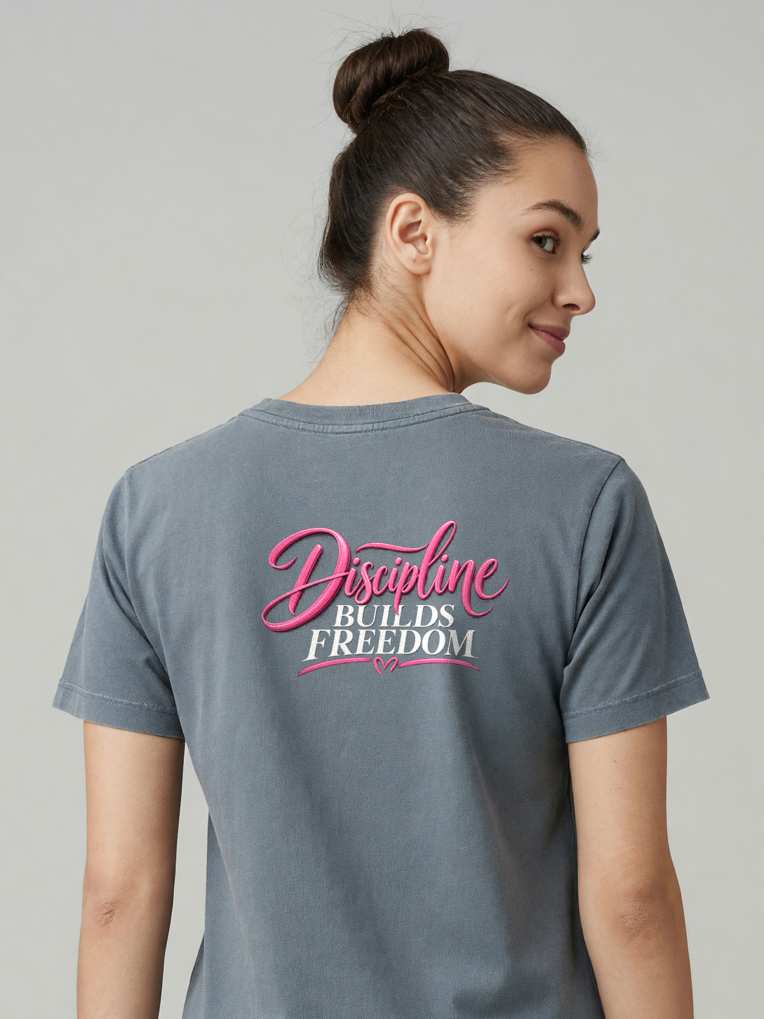 Discipline Builds Freedom Tee in Gray, worn