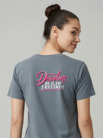 Discipline Builds Freedom Tee in Gray, worn