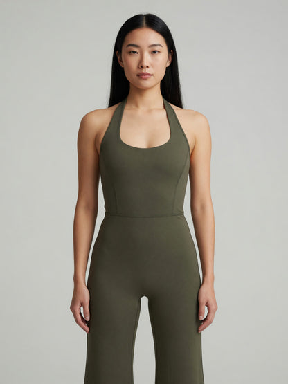 Halter Flare Jumpsuit in Army Green, worn, front