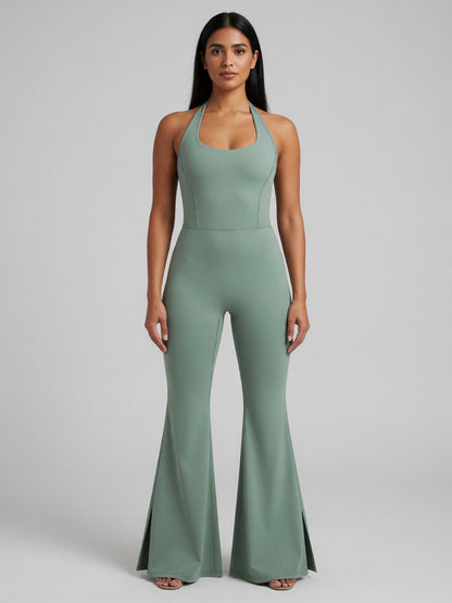 Halter Flare Jumpsuit in Gray Green, worn, front
