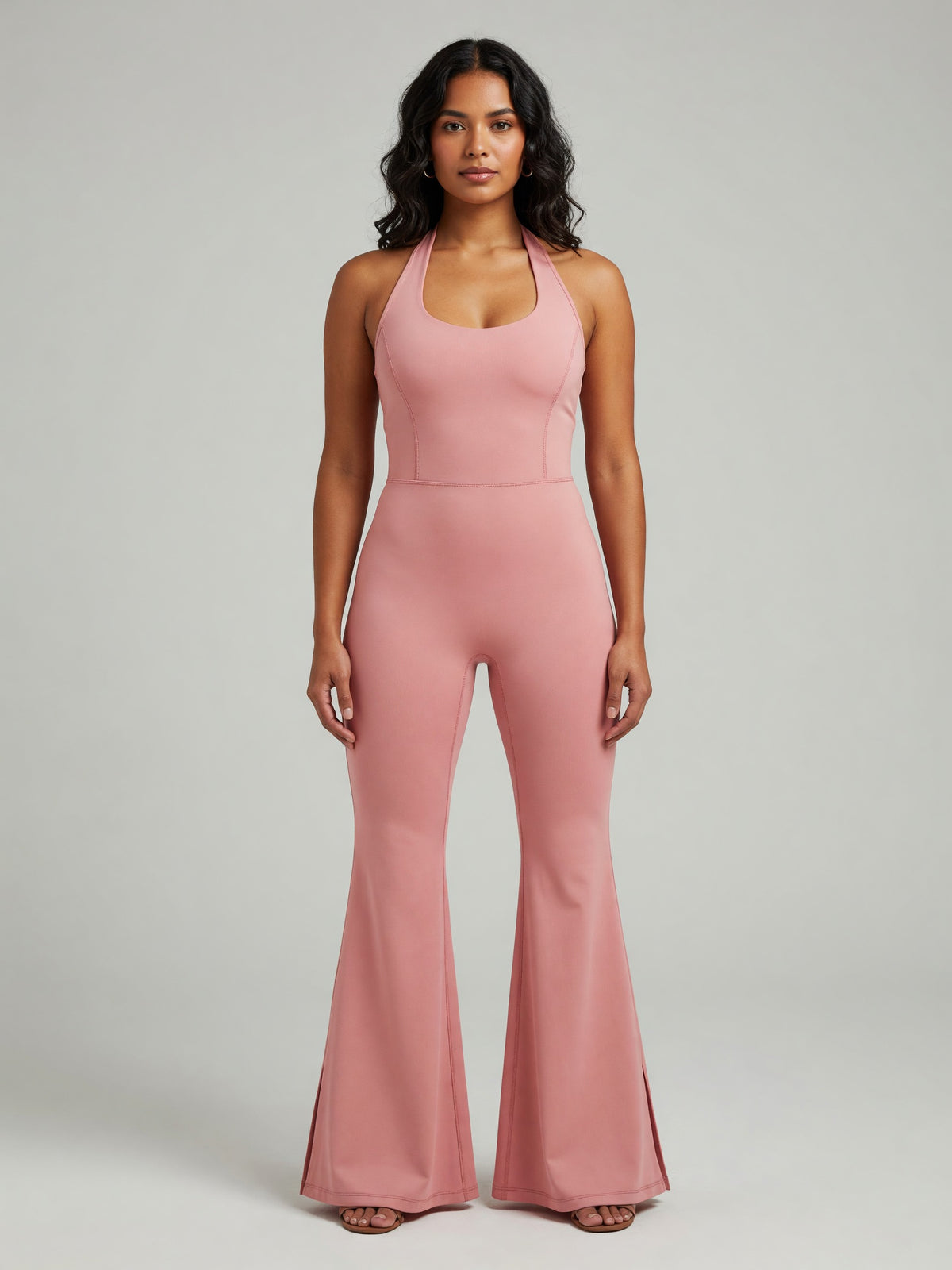 Halter Flare Jumpsuit in Pink, worn, front