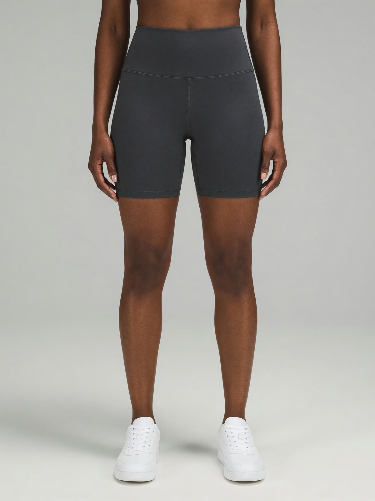 High-Rise Bike Short in Dark Gray, worn, front
