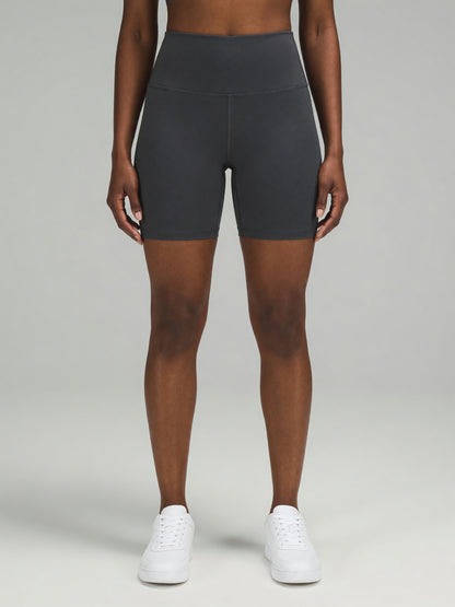 High-Rise Bike Short in Dark Gray, worn, front